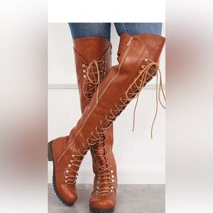 PU Leather Brown Over the Knee Boots in size 7